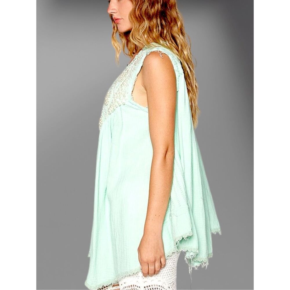 POL Embroidered Pearl Open Front Vest Boho Lace Sleeveless Cardigan Pale Mint L - Picture 3 of 9